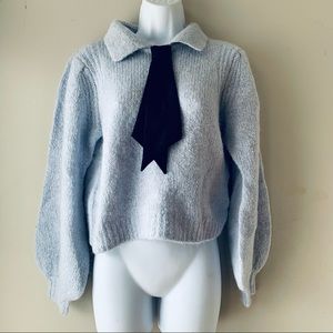 🇪🇸 ZARA crop blue woolly sweater with black tie and peasant sleeves size M